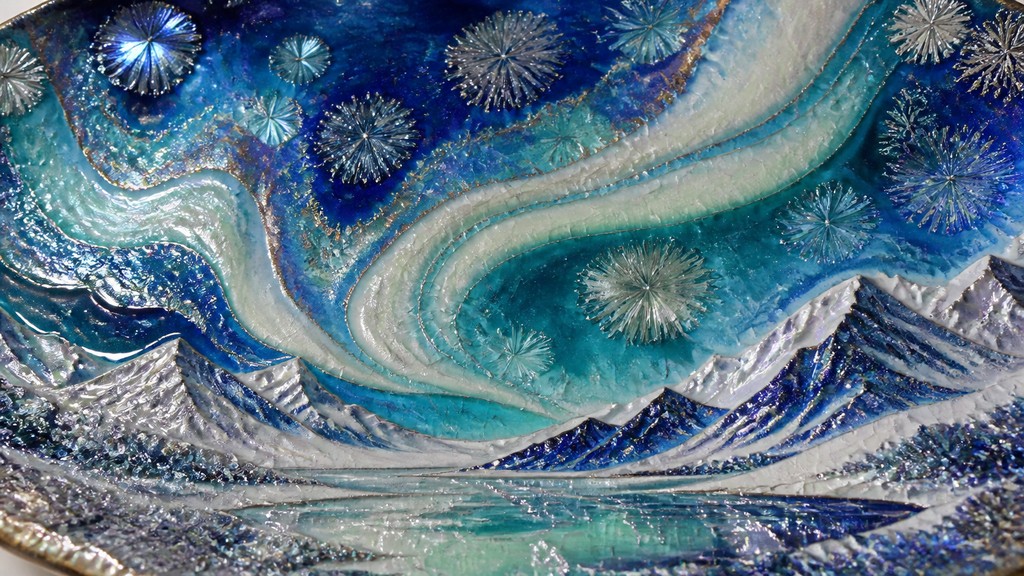 a flowing aurora over snowy peaks, wide sweeping composition, no people, no text — Crystalline Glaze Ceramic Art Style banner