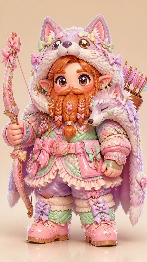 full-body original character: a dwarven ranger with a braided auburn beard, worn leather armor, a longbow and a wolf-pelt cloak, neutral background, no text — Kawaii Fashion Style tabletop character portrait