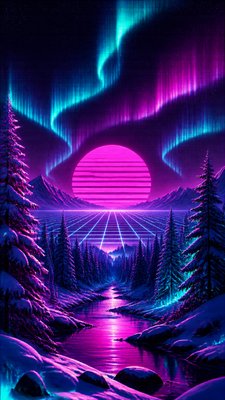 a snowy pine forest under the northern lights, no people — Synthwave Aesthetic wallpaper