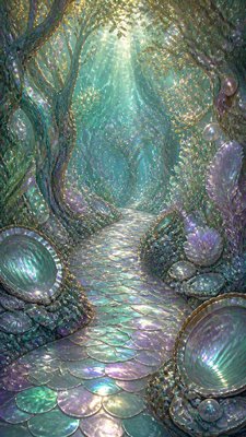 a winding forest path in golden autumn light, no people — Mermaidcore Aesthetic wallpaper