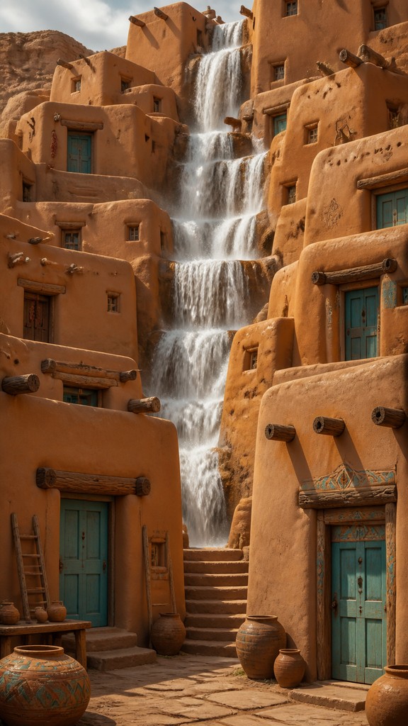 towering waterfall cascading down a cliff — Adobe Pueblo Architecture