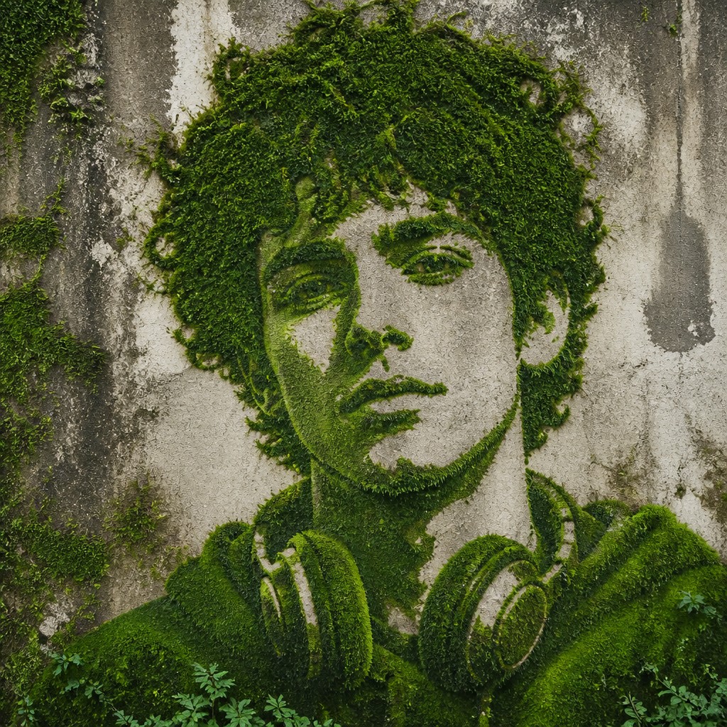 head-and-shoulders portrait of an original character: a young man with curly dark hair and headphones around his neck, plain backdrop, no text — Moss Graffiti Street Art Style Discord profile picture