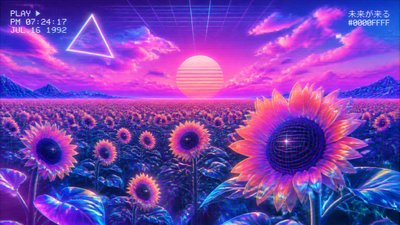 an endless field of sunflowers under summer clouds, no people — Vaporwave Art Style wallpaper