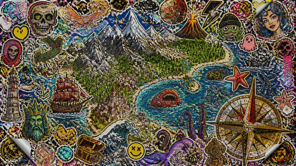 a map of an island realm with mountains, forests, a sheltered bay, sea monsters in the water and a compass rose, no text labels — Sticker Bomb Street Art Style fantasy map