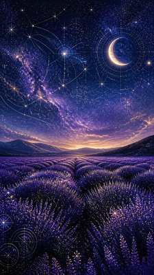 a field of lavender stretching to distant hills at dusk, no people — Celestial Aesthetic wallpaper