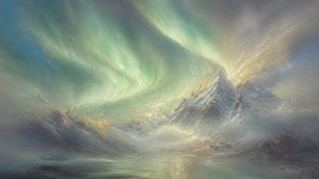 a flowing aurora over snowy peaks, wide sweeping composition, no people, no text — Atmospheric Impressionism Art Style banner