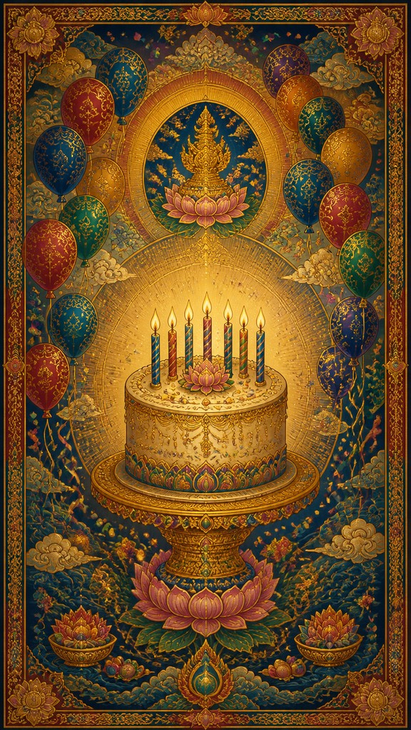 a birthday cake with lit candles surrounded by balloons and confetti, festive vertical composition, no text — Buddhist Religious Art birthday card