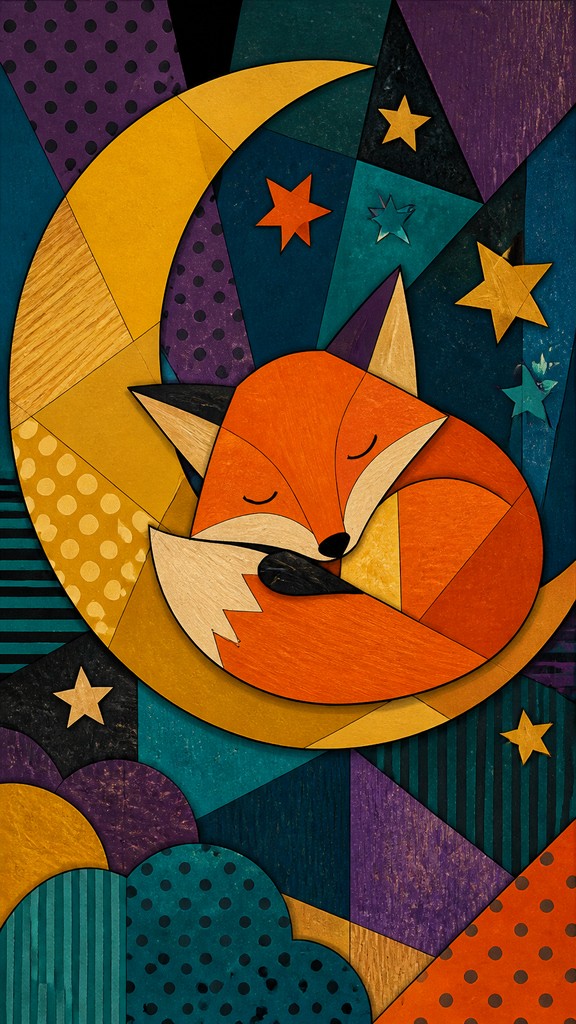a sleeping baby fox curled on a crescent moon among soft stars, gentle and warm, no text — Synthetic Cubism Art Style baby announcement