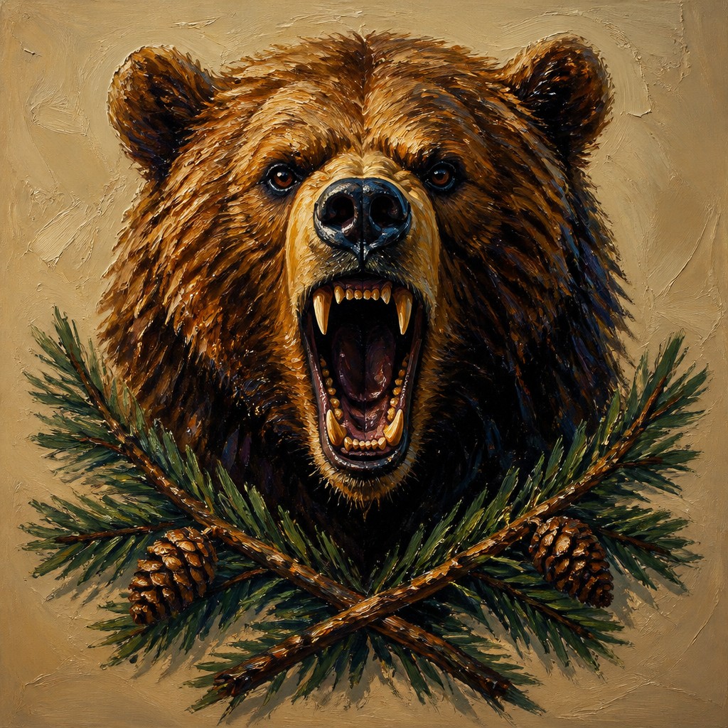 a roaring bear head above crossed pine branches, bold graphic composition on a plain background, no text — Oil Portrait Art Style t-shirt design
