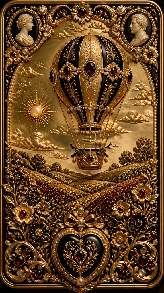 a hot air balloon drifting over rolling flower fields on a sunny day, cheerful, no text — Victorian Jewelry Design greeting card