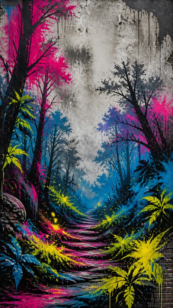 a mysterious forest path with fireflies and drifting mist, atmospheric vertical composition with open space at the top, no text — Street Art Style book cover