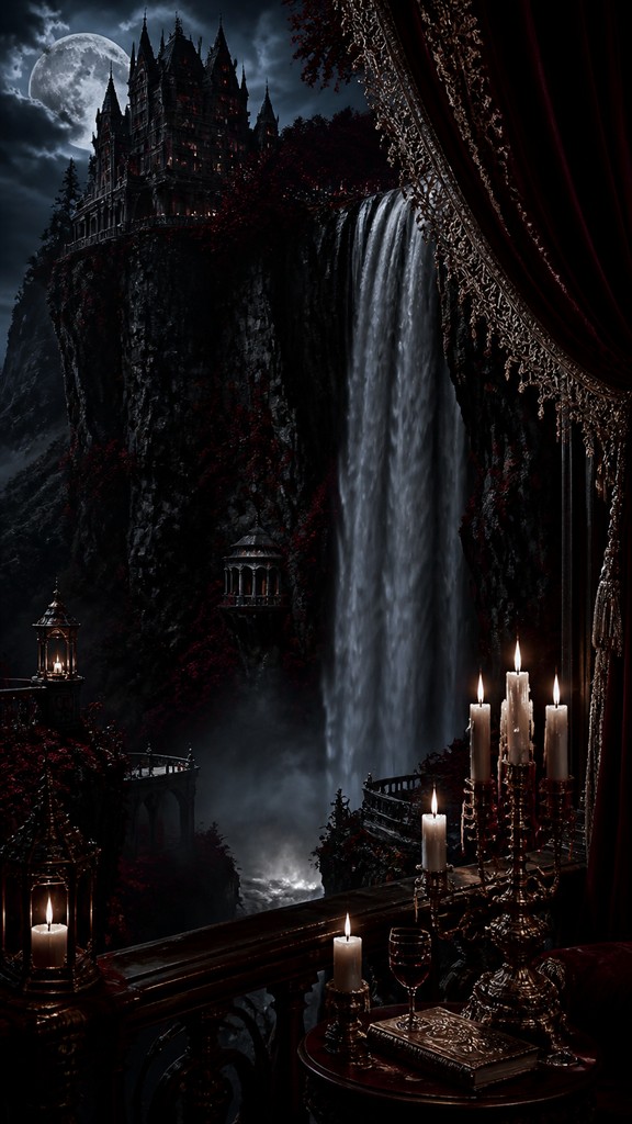 towering waterfall cascading down a cliff — Vampirecore Aesthetic