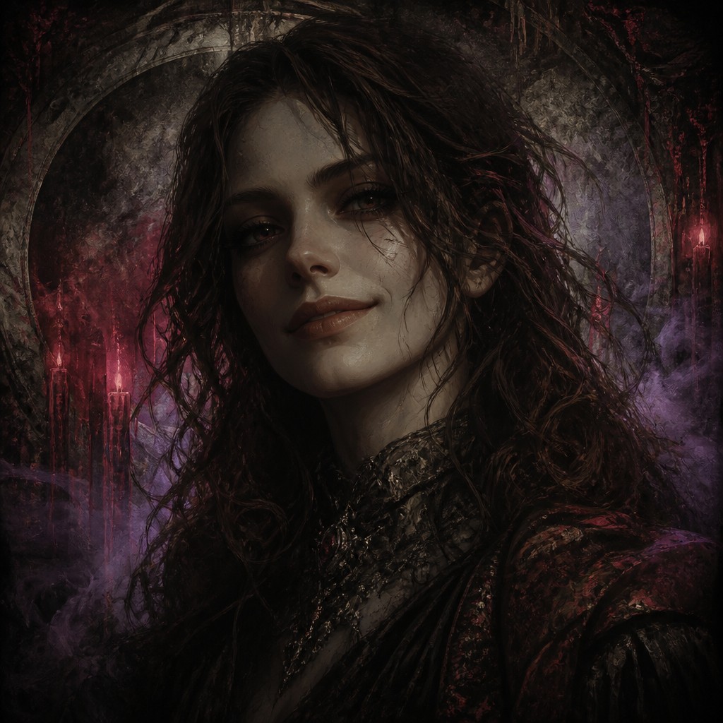 head-and-shoulders portrait of an original character: a young woman with wavy chestnut hair and a warm smile, plain soft backdrop — Dark Fantasy Art profile picture