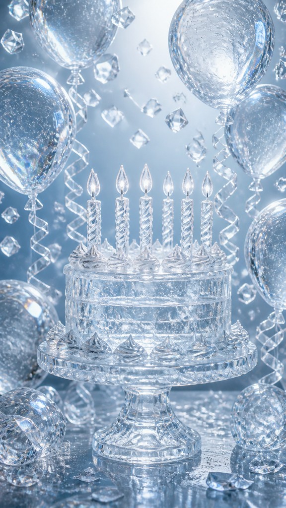 a birthday cake with lit candles surrounded by balloons and confetti, festive vertical composition, no text — Ice Sculpture Art Style birthday card