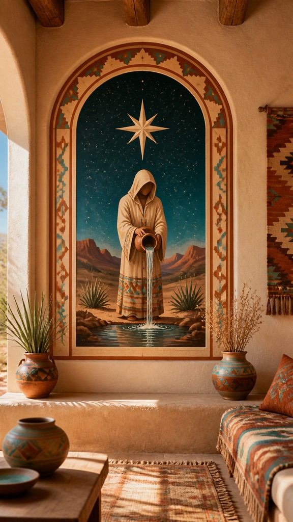 a robed figure pouring water beneath a large eight-pointed star in a night sky, symmetrical composition with an ornate decorative border, no text — Southwestern Interior Design tarot card
