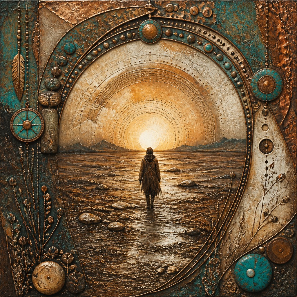 a solitary figure walking toward a glowing horizon across an empty plain, moody atmosphere, no text or lettering — Bohemian Jewelry Design album cover
