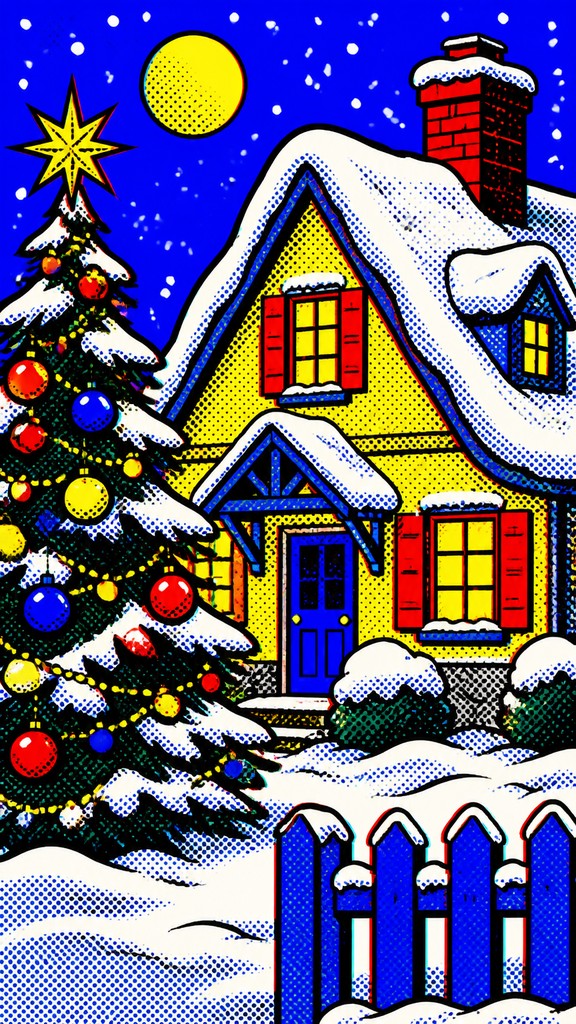 a snow-covered cottage with warm glowing windows beside a decorated pine tree, gentle snowfall, no text — Pop Art Style Christmas card
