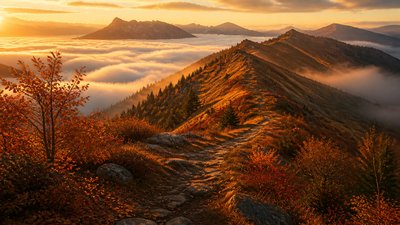 a wide alpine ridge above a sea of clouds, no people — Autumncore Aesthetic wallpaper