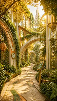 a winding forest path in golden autumn light, no people — Solarpunk Aesthetic wallpaper