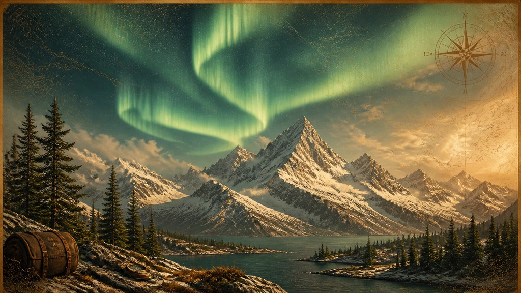 a flowing aurora over snowy peaks, wide sweeping composition, no people, no text — Adventurecore Aesthetic banner