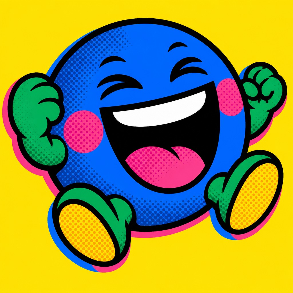an exaggerated laughing face of an original round mascot character, bold and readable at small size, plain background, no text — Pop Art Portrait Style Twitch emote