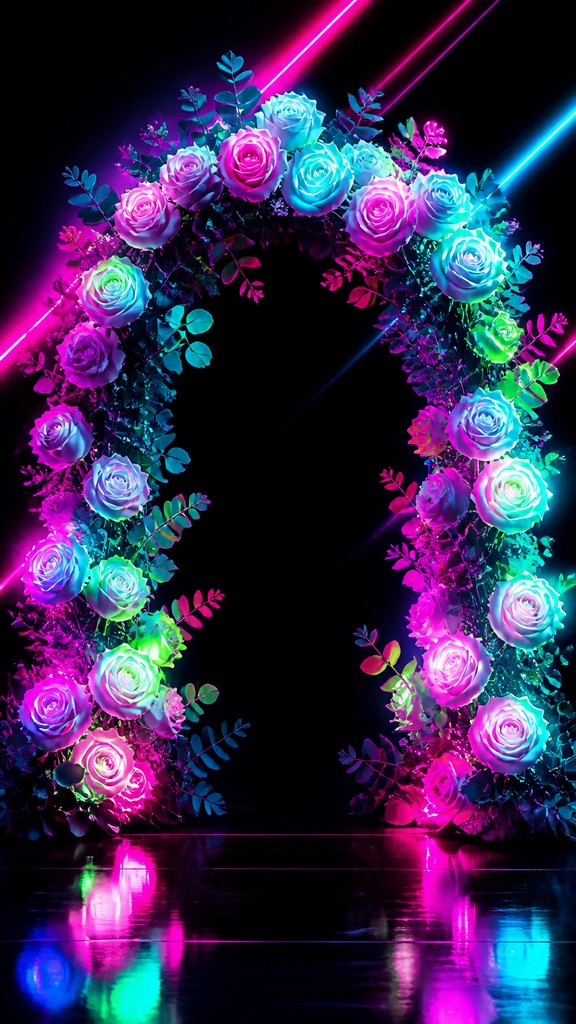 an arch of white roses and eucalyptus in soft morning light, elegant vertical composition with open space, no text — Neon Pop Art Style wedding invitation