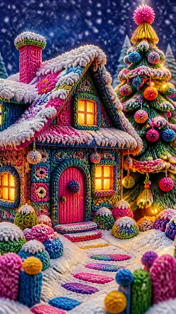 a snow-covered cottage with warm glowing windows beside a decorated pine tree, gentle snowfall, no text — Yarn Bombing Street Art Style Christmas card