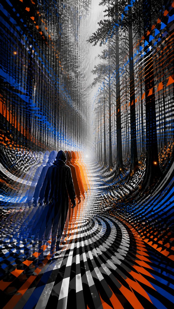 a mysterious forest path with fireflies and drifting mist, atmospheric vertical composition with open space at the top, no text — Kinetic Art Style book cover