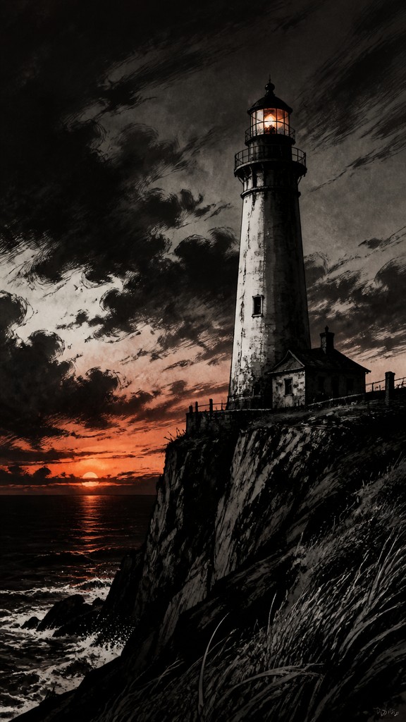 a lone lighthouse on a cliff at dusk under a dramatic sky, no text or lettering — Graphic Novel Art poster