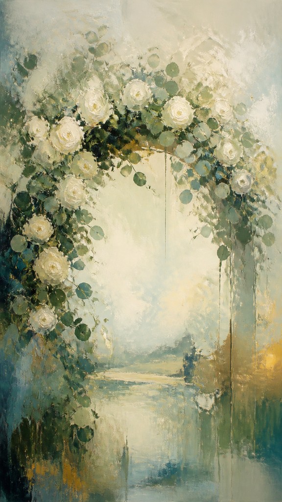 an arch of white roses and eucalyptus in soft morning light, elegant vertical composition with open space, no text — Abstract Landscape Art Style wedding invitation