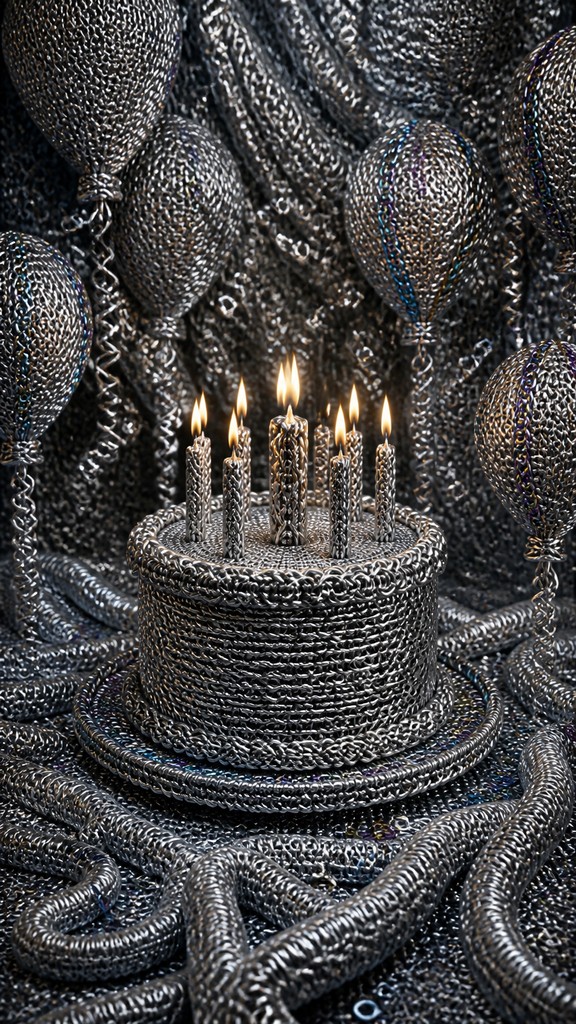 a birthday cake with lit candles surrounded by balloons and confetti, festive vertical composition, no text — Chainmail Jewelry Style birthday card