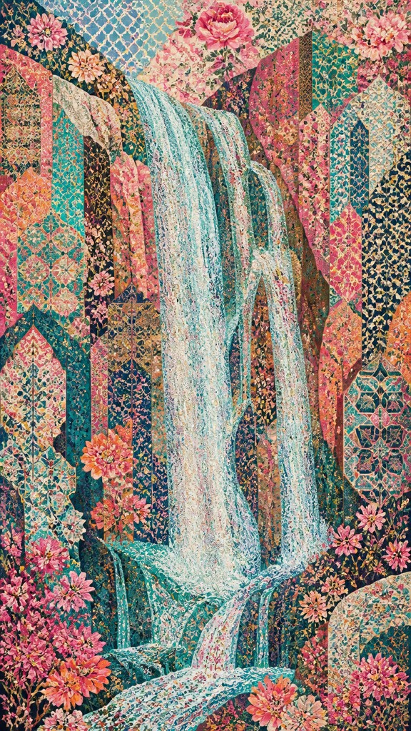 towering waterfall cascading down a cliff — Pattern and Decoration Art Style