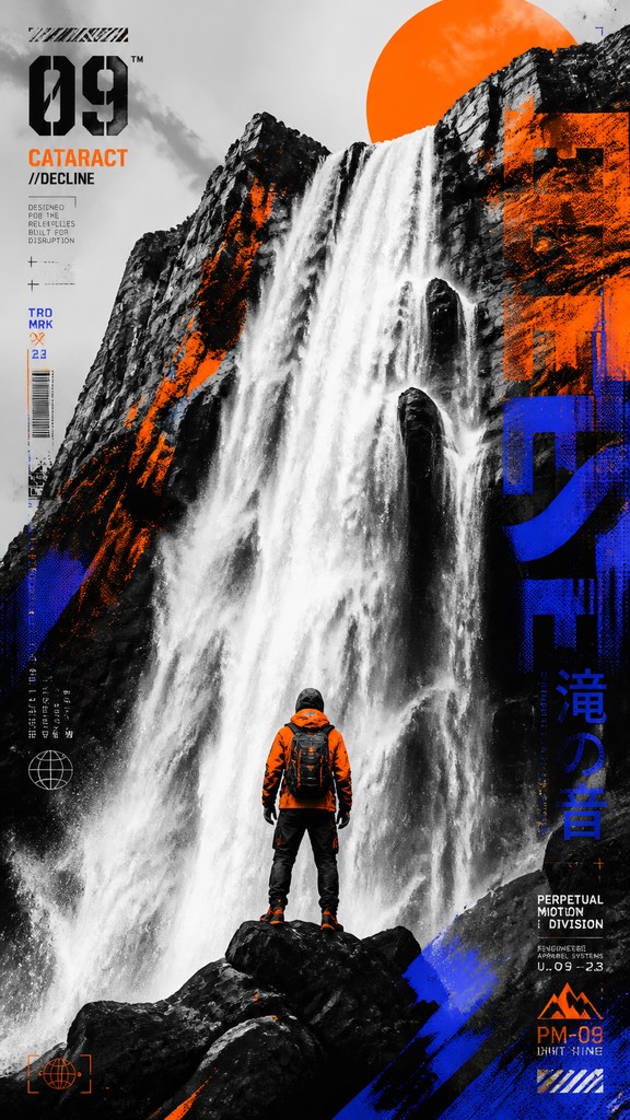towering waterfall cascading down a cliff — Streetwear Fashion Design
