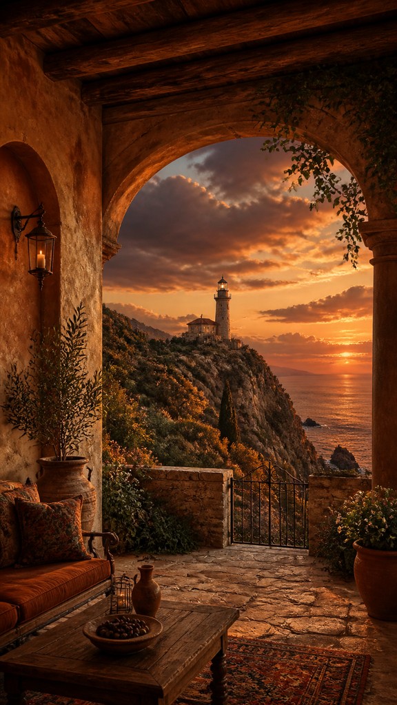 a lone lighthouse on a cliff at dusk under a dramatic sky, no text or lettering — Tuscan Interior Design poster