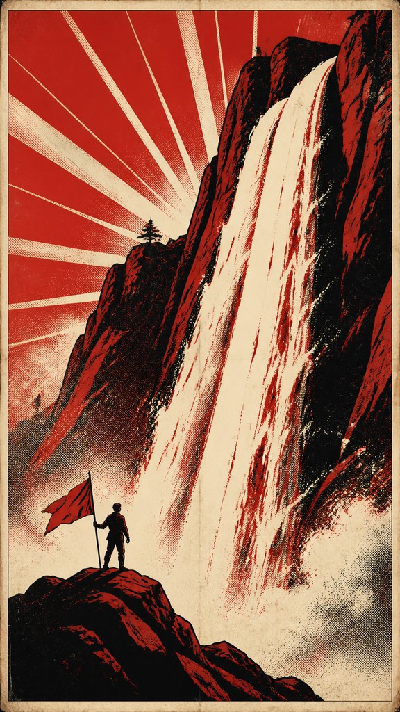 towering waterfall cascading down a cliff — Propaganda Poster Design