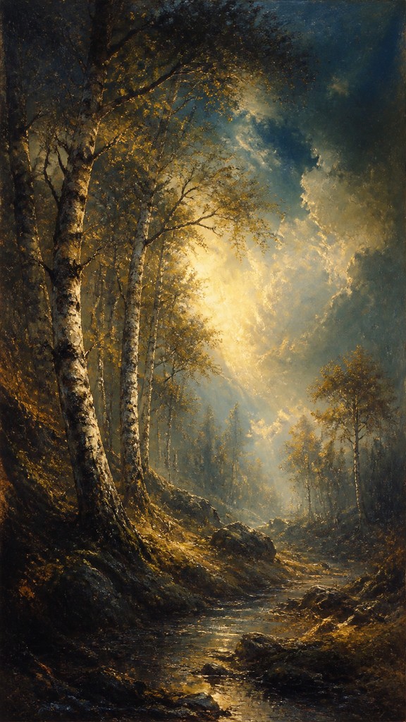 a serene birch forest in soft morning light, no people, no text — Romantic Landscape Art Style wall art print