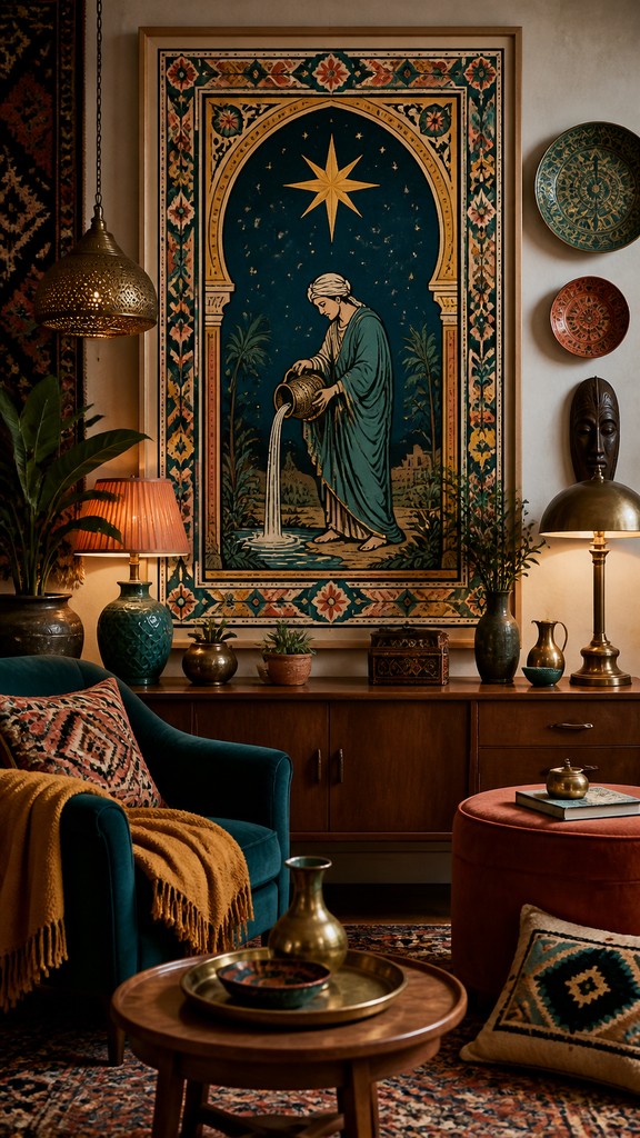 a robed figure pouring water beneath a large eight-pointed star in a night sky, symmetrical composition with an ornate decorative border, no text — Eclectic Interior Design tarot card