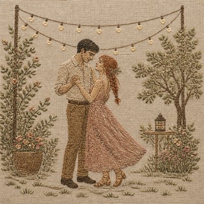 Hand Embroidery Illustration / Textile Art couple portrait example