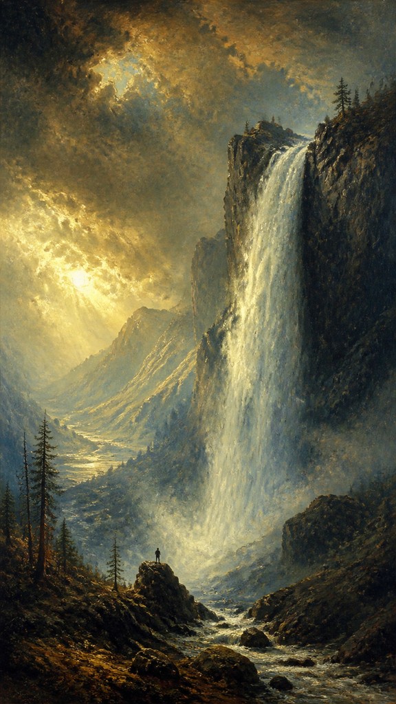 towering waterfall cascading down a cliff — Romantic Landscape Art Style