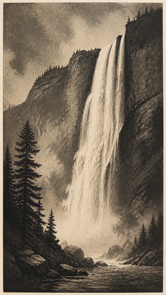 towering waterfall cascading down a cliff — Aquatint Print Style