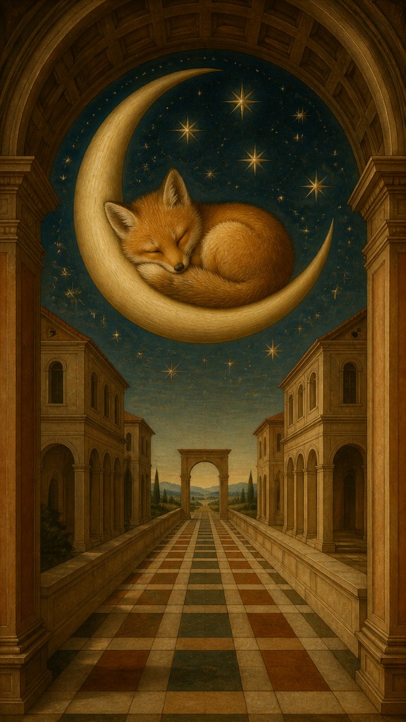 a sleeping baby fox curled on a crescent moon among soft stars, gentle and warm, no text — Quattrocento Perspective Renaissance Art Style baby announcement