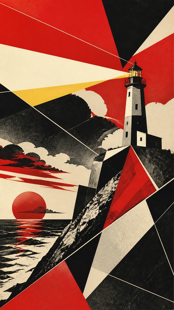 a lone lighthouse on a cliff at dusk under a dramatic sky, no text or lettering — Constructivism Art Style poster