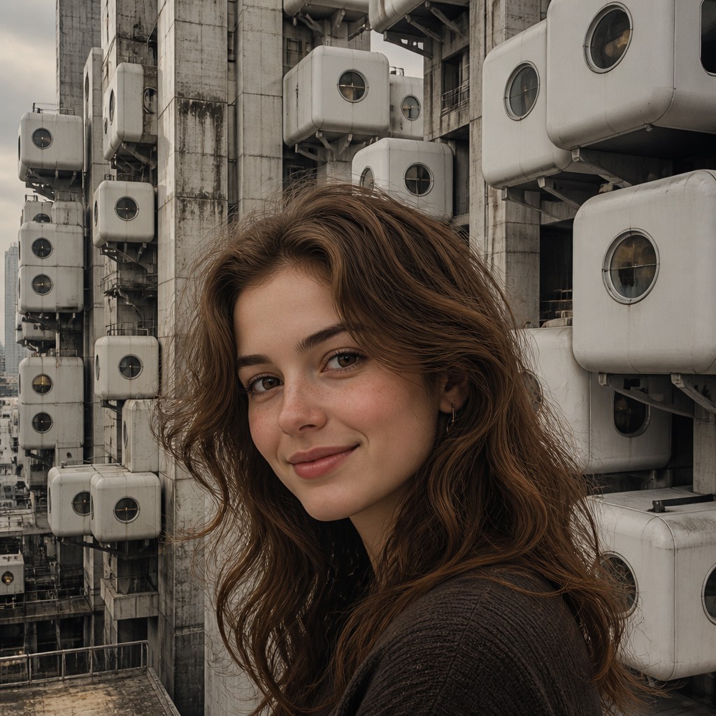 head-and-shoulders portrait of an original character: a young woman with wavy chestnut hair and a warm smile, plain soft backdrop — Metabolist Architecture profile picture