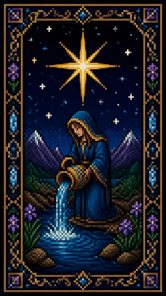 a robed figure pouring water beneath a large eight-pointed star in a night sky, symmetrical composition with an ornate decorative border, no text — Pixel Art Style tarot card