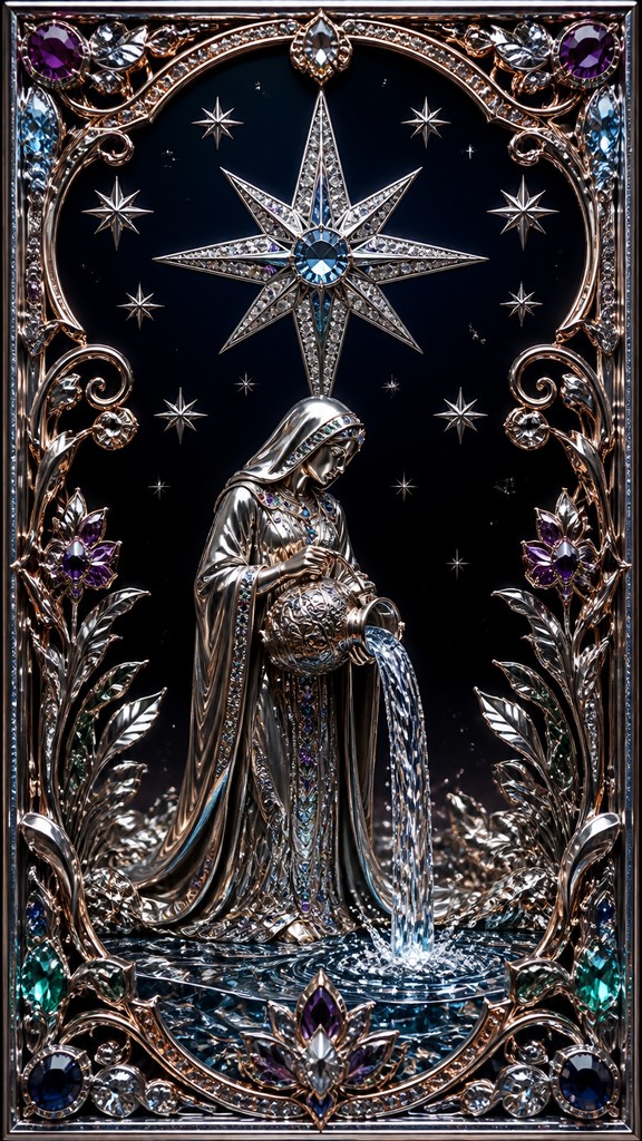 a robed figure pouring water beneath a large eight-pointed star in a night sky, symmetrical composition with an ornate decorative border, no text — Luxury High Jewelry Design tarot card