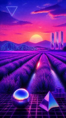 a field of lavender stretching to distant hills at dusk, no people — Vaporwave Art Style wallpaper