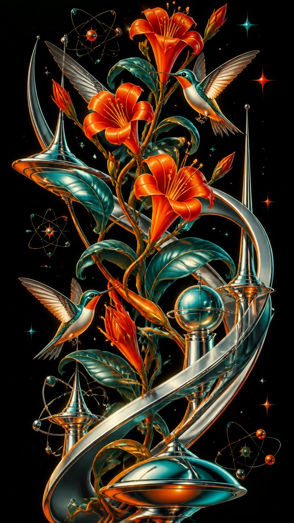 a climbing vine of flowers and hummingbirds on a dark background, tall wrapping composition, no text — Retro Futurism Sci-Fi Art phone case design