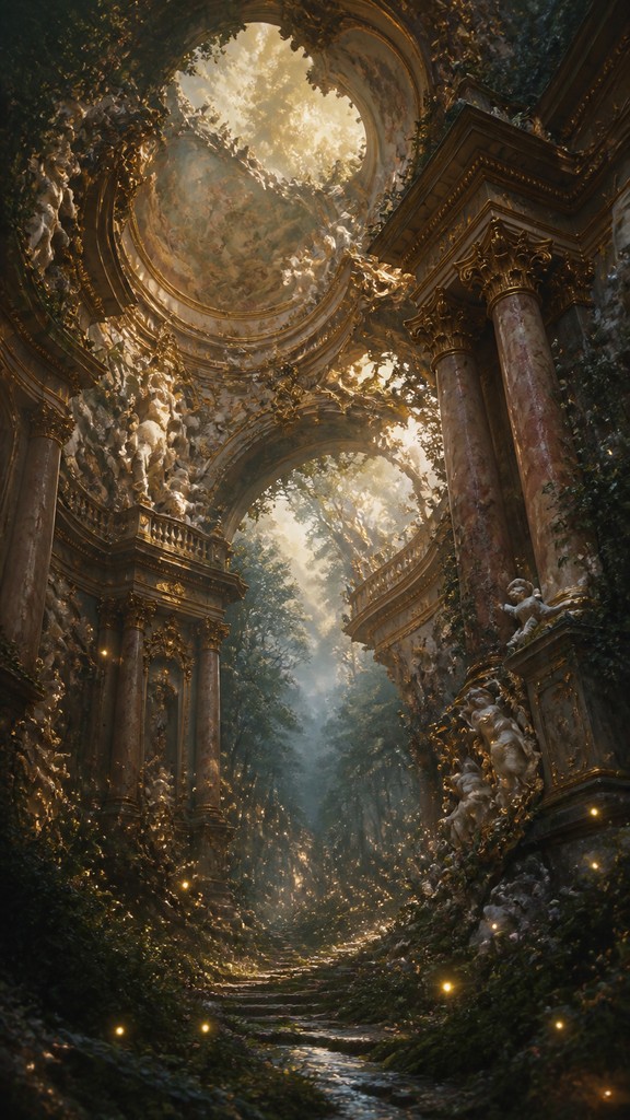 a mysterious forest path with fireflies and drifting mist, atmospheric vertical composition with open space at the top, no text — Baroque Architecture book cover