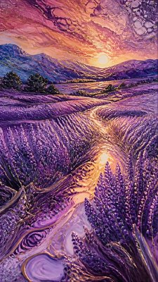 a field of lavender stretching to distant hills at dusk, no people — Fluid Abstract Art Style wallpaper
