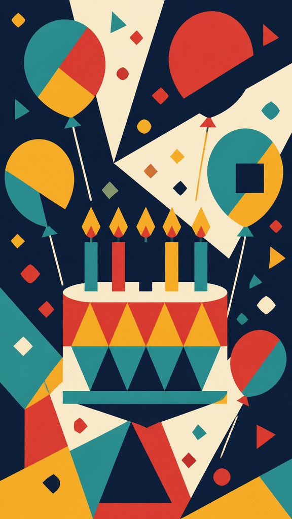 a birthday cake with lit candles surrounded by balloons and confetti, festive vertical composition, no text — Abstract Geometric Art birthday card